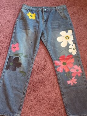 Y2K Indie Floral Painted Jeans XL High Rise Artsy Festival Denim 10-12